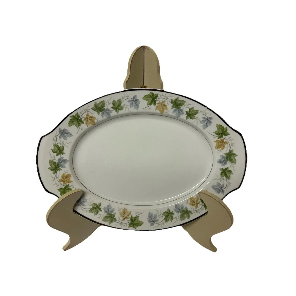Harmony House Sherwood Oval Platter Blue Yellow Green Leaves Platinum Trim 3546